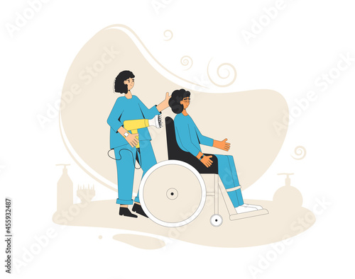  Hair salon. Hairstyle with hairdryer and duffuser nozzle.