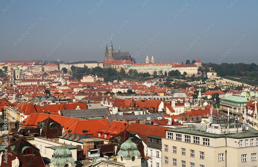 View of Prague Castle and Little Quarter from the Old Town Hall tower in Prague.