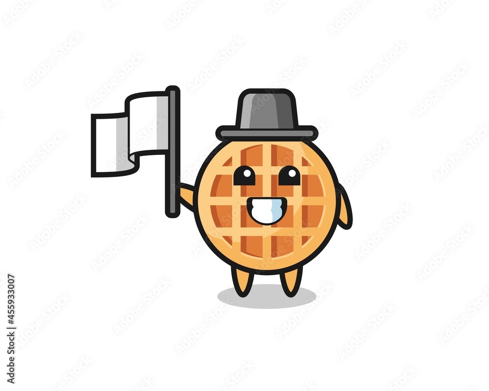 Cartoon character of circle waffle holding a flag Cartoon character of circle waffle holding a flag