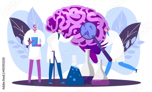Professional research associate doctor research human brain, scientific worker hold magnifying glass flat vector illustration, isolated on white.