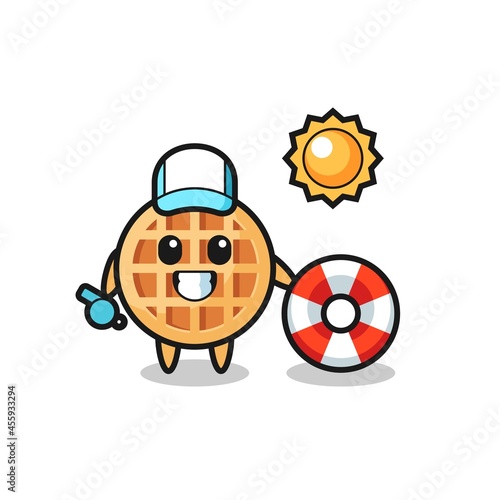 Cartoon mascot of circle waffle as a beach guard