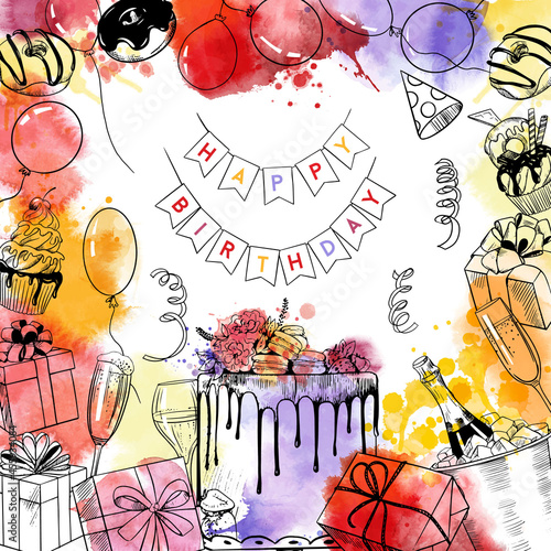 Happy birthday cards. Watercolor vector background.