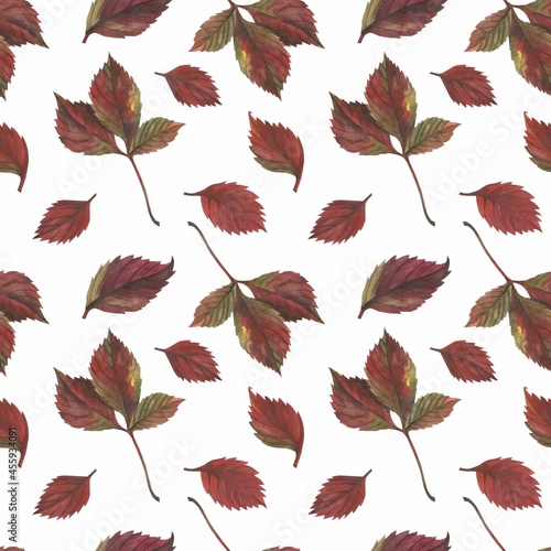 Autumn leaves in watercolor style. A beautiful seamless pattern with various autumn leaves Can be used as a background template for wallpaper, printing on fabrics, typography, paper.
