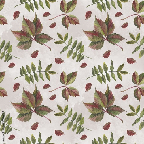 Autumn leaves in watercolor style. A beautiful seamless pattern with various autumn leaves Can be used as a background template for wallpaper, printing on fabrics, typography, paper.