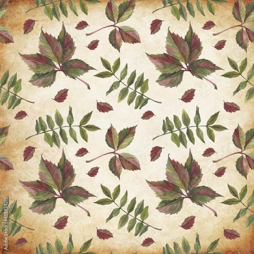 Autumn leaves in watercolor style. A beautiful seamless pattern with various autumn leaves Can be used as a background template for wallpaper, printing on fabrics, typography, paper.
