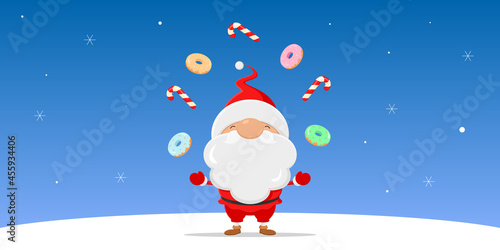 Santa Claus juggles with candy canes and donuts. Vector illustration.