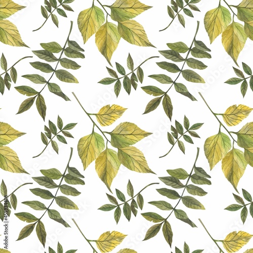 Autumn leaves in watercolor style. A beautiful seamless pattern with various autumn leaves Can be used as a background template for wallpaper, printing on fabrics, typography, paper.