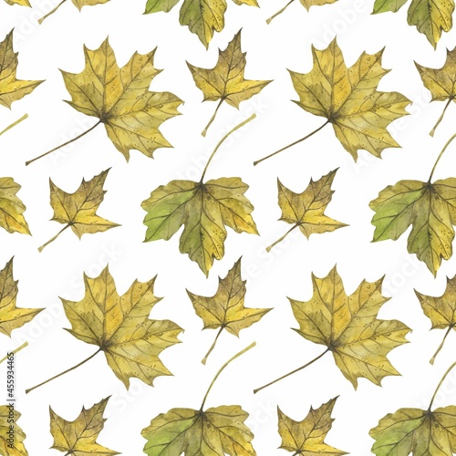 Autumn leaves in watercolor style. A beautiful seamless pattern with various autumn leaves Can be used as a background template for wallpaper, printing on fabrics, typography, paper.