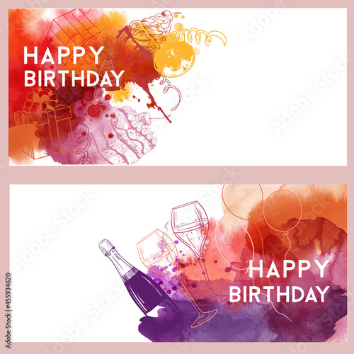 Happy birthday cards. Watercolor vector background.