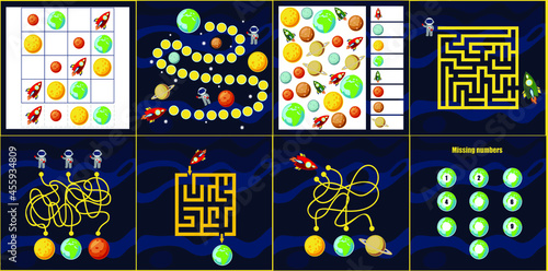 Kids mini games for development. Space maze. I spy. Count the planet. Colorful vector illustration in flat style.