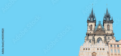 Photography Banner with ancient Clock Tower at old town square in Prague with copy space and blue sky solid background, Czech Republic