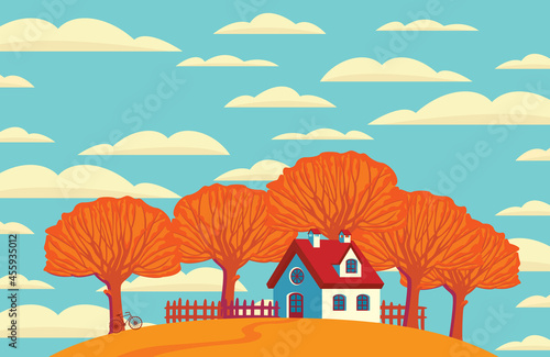 Autumn landscape with a small village house, yellowed trees and clouds in the bright blue sky. Cartoon children's fall illustration. Decorative vector banner in flat style