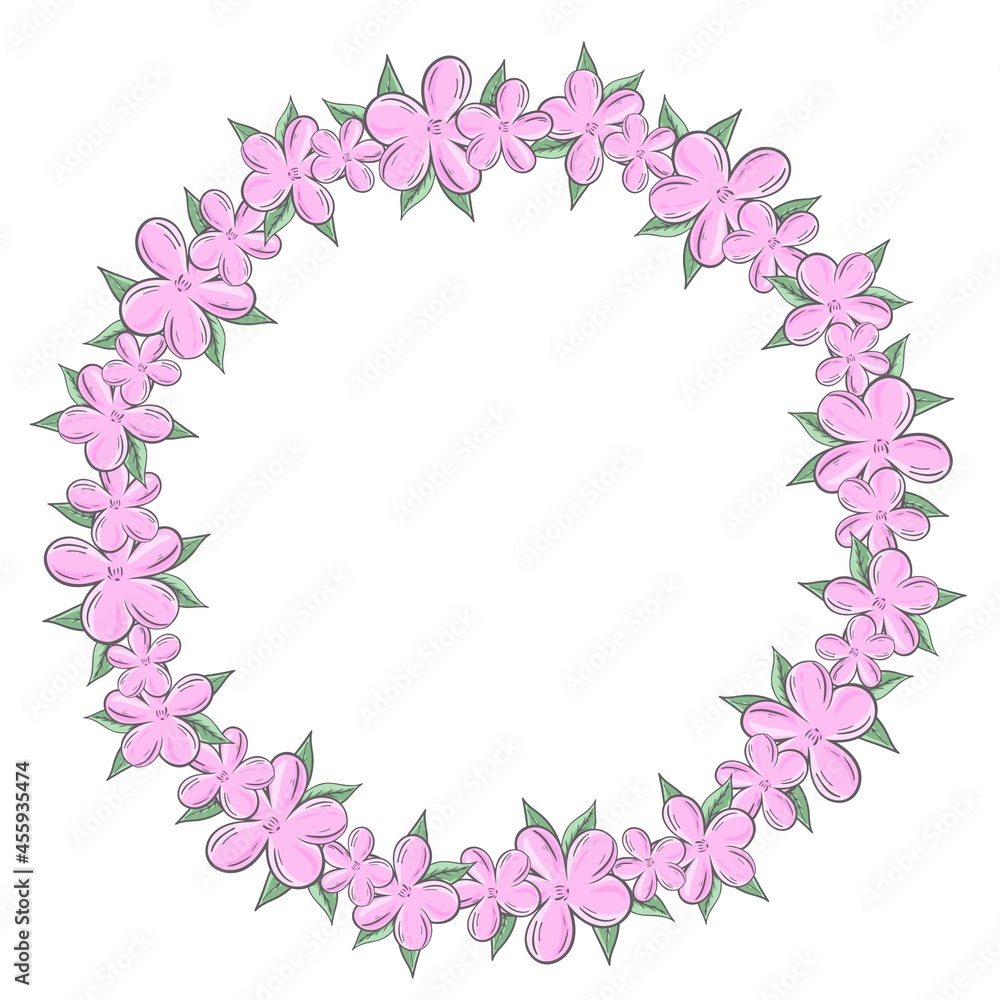 Circular frame from delicate blooming pink flowers vector illustration. Round floral wreath. Template for invitation or greeting card. Romantic rim with flowers and leaves.