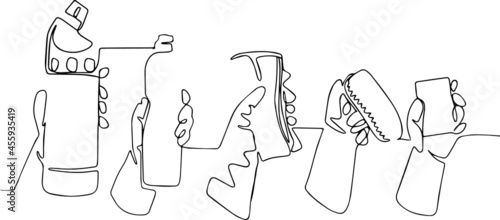 Cleaning and wiping the table with microfiber cloth in theliving room. Woman hand doing chores with disinfectant spray and microfiber cloth at home concept of disinfection. Vector illustration