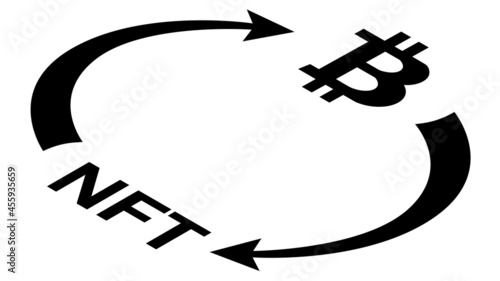 NFT and Bitcoin BTC circulation isometric concept with symbols and cyclical arrows in monochrome silhouette isolated on white. Rotation of non fungible tokens and digital money. Vector design element.