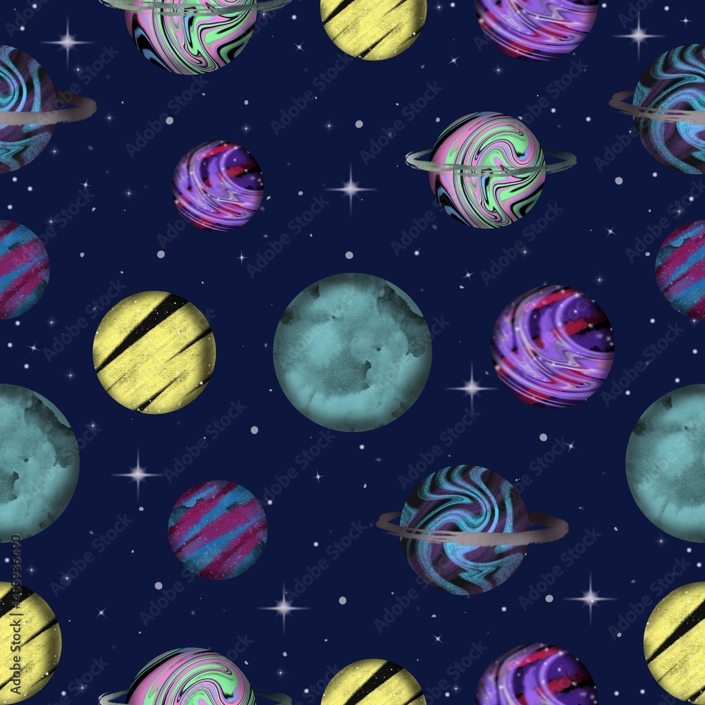 Space kids seamless pattern with planets and stars on a dark blue background Space kids seamless pattern with planets and stars on a dark blue background