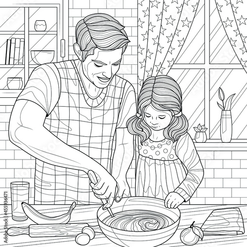 Dad and daughter cooking in the kitchen.Coloring book antistress for children and adults. Illustration isolated on white background.Zen-tangle style. Hand draw