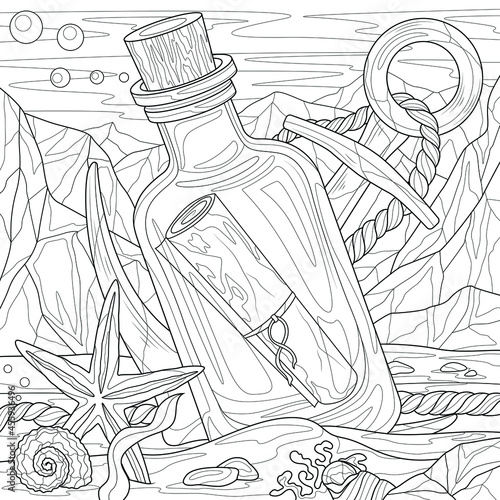 Bottle and scroll at the bottom of the ocean.Coloring book antistress for children and adults. Illustration isolated on white background.Zen-tangle style. Hand draw