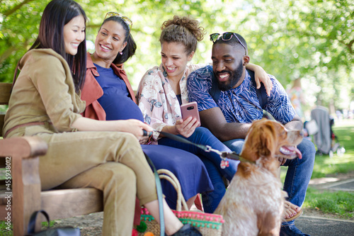 Friends with dog on park bench