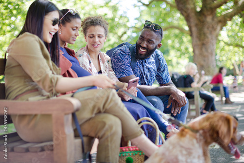 Friends with dog on park bench