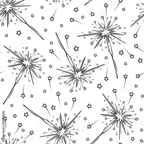 Hand drawn seamless  pattern with sparklers in doodle style. Festive pattern with sparklers. 