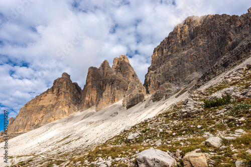 The Drei Zinnen or Tre Cime di Lavaredo (three peaks of Lavaredo), south face, the famous mountain peaks of the Dolomites, UNESCO world heritage site, Trentino-Alto Adige and Veneto, Italy, Europe.