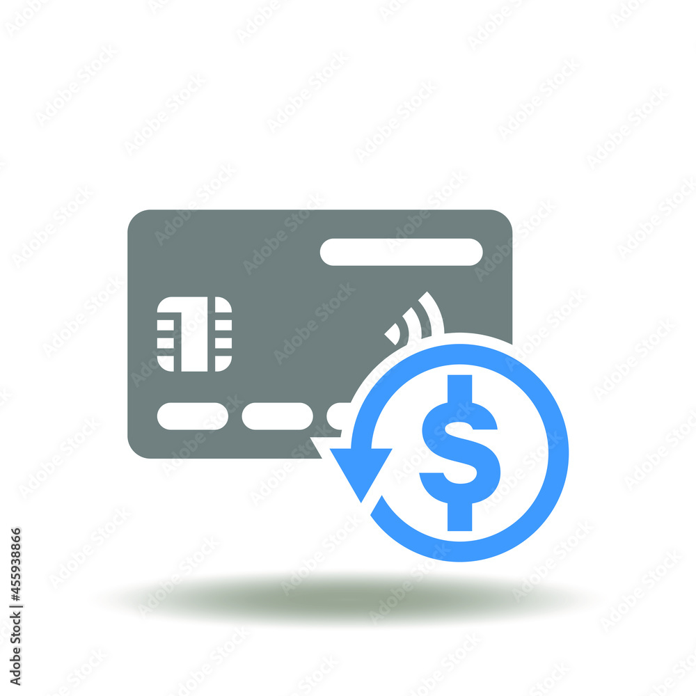 Credit card with dollar curency and round arrow return vector illustration. Chargeback icon. Symbol a charge back service is a cancel of electronic payment and return money. Credit card with dollar curency and round arrow return vector illustration. Chargeback icon. Symbol a charge back service is a cancel of electronic payment and return money.