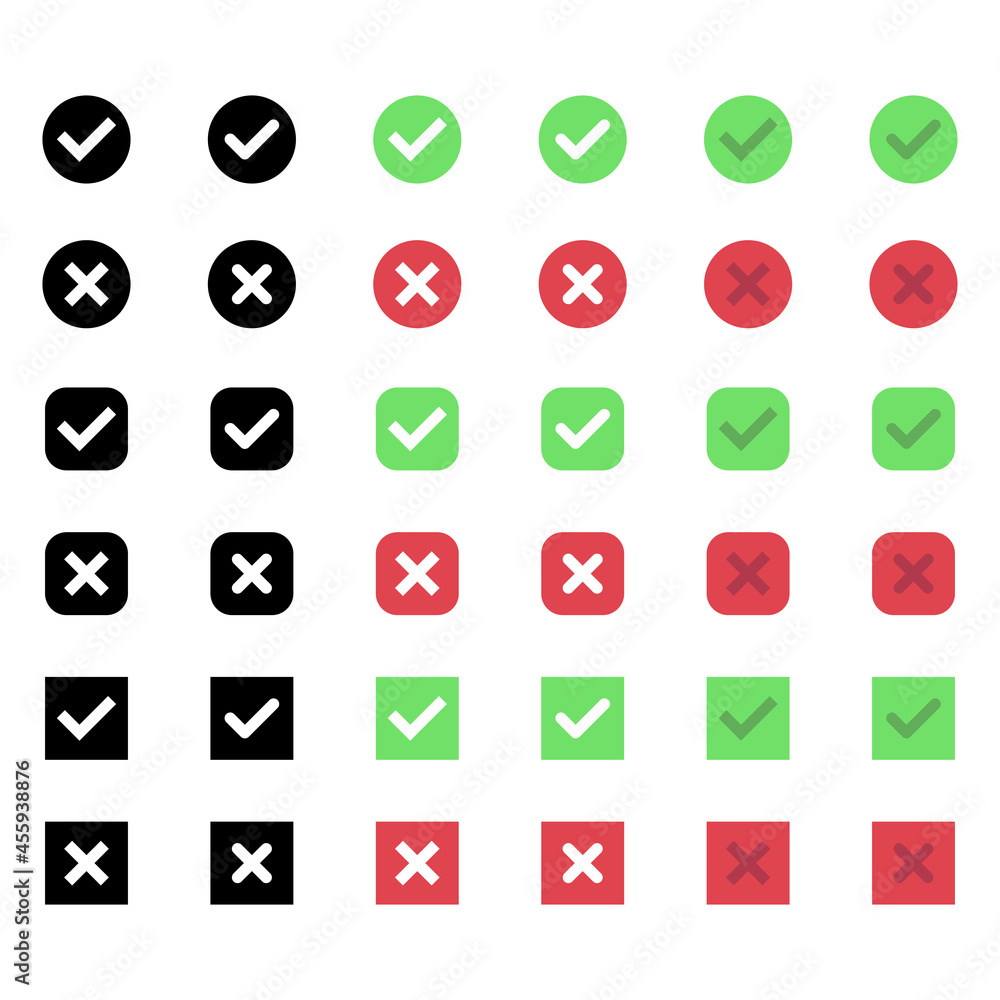Green check marks and red crosses icon set Green check marks and red crosses icon set