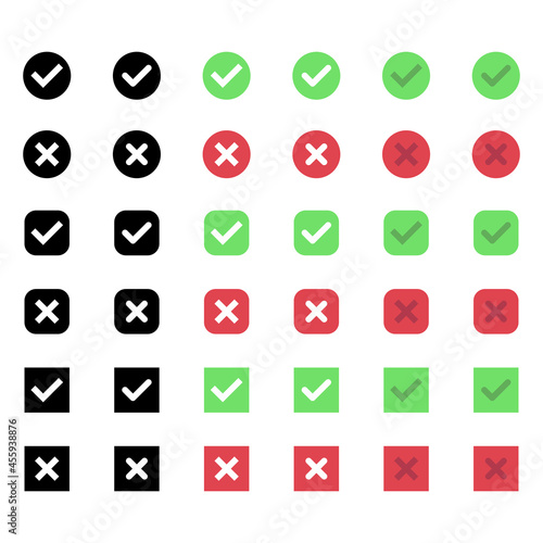 Green check marks and red crosses icon set