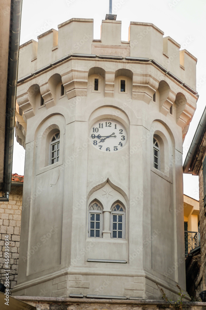 Herceg Novi, Montenegro - August 23, 2021: Tower Sahat Kula (Clock Tower) on Square of Nikola Dzhurkovicha