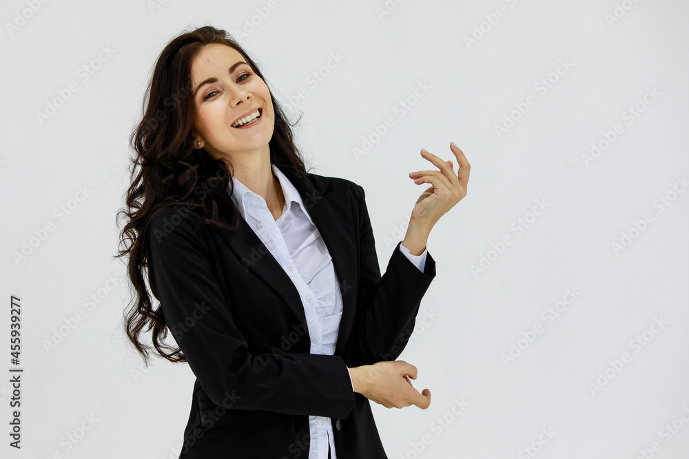 Portrait studio shot of Caucasian confused doubtful clueless curious businesswoman in black formal suit standing look at camera on white background Portrait studio shot of Caucasian confused doubtful clueless curious businesswoman in black formal suit standing look at camera on white background