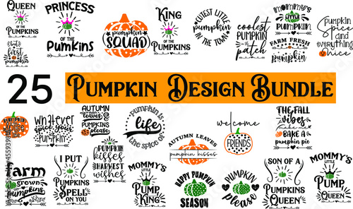25 Collection of pumpkin Halloween fall autumn hand lettered design elements. Bundle of pumpkin vector fall holiday quotes phrases for print and decoration.