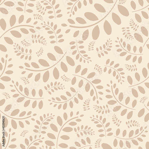 Botanical beige pattern. Repeat creamy background with flowers and leaves. Design for scrapbooking, weddings, packaging. Gardening vector illustration.