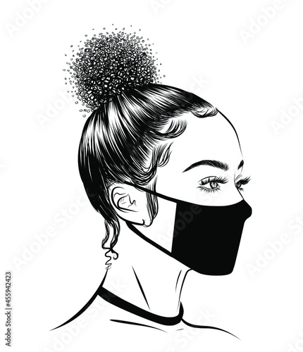 A girl with curly hair gathered in a bun wearing face mask. Illustration for salons, business visit cards, posters,  wall decall, socia media posts. 