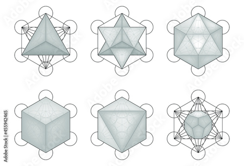 Set of Sacred Geometry. Merkaba, Metatron's Cube, Platonic Solids, Tetrahedron, Star Tetrahedron, Icosahedron, Cuboctahedron, Octahedron, Dodecahedron. Transparent background photo