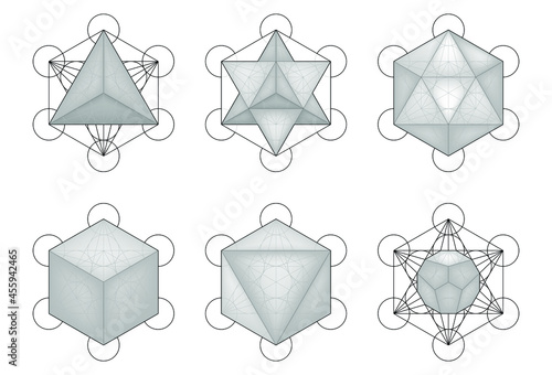 Set of Sacred Geometry. Merkaba, Metatron's Cube, Platonic Solids, Tetrahedron, Star Tetrahedron, Icosahedron, Cuboctahedron, Octahedron, Dodecahedron. Transparent background
