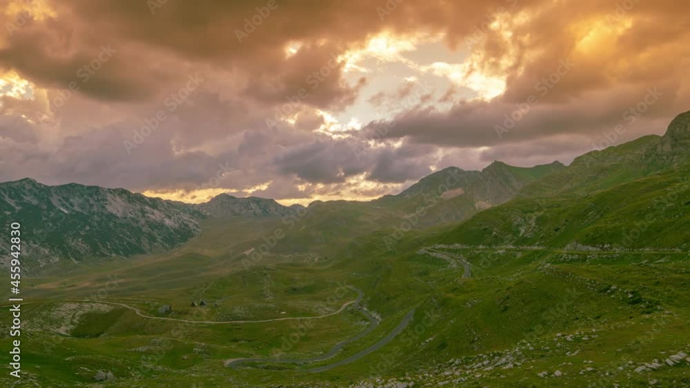 Fantastic sunset in Durmitor National Park, Montenegro, Europe. Exciting summer view from Sedlo pass. Timelapse 4K. Fantastic sunset in Durmitor National Park, Montenegro, Europe. Exciting summer view from Sedlo pass. Timelapse 4K.