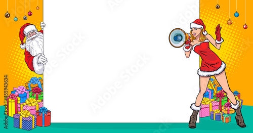 peeking santa claus with White board and Santa woman megaphone