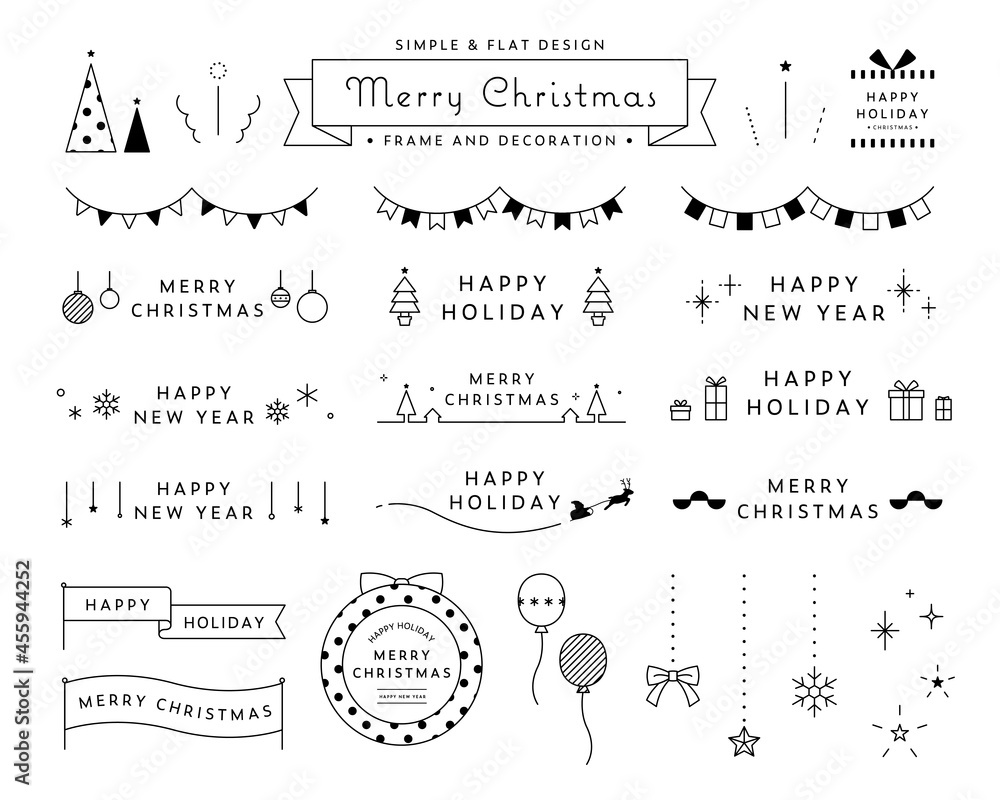 クリスマスのフレームと飾りのイラストセット 装飾 あしらい クリスマスツリー リース シンプル Stock Vector Adobe Stock