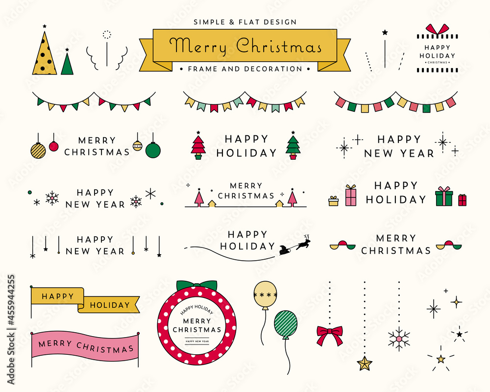クリスマスのフレームと飾りのイラストセット 装飾 あしらい クリスマスツリー リース シンプル Stock Vector Adobe Stock