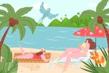 Woman character girlfriend together relax hot tropical country beach, lovely romantic outdoor place flat vector illustration, leisure activity.