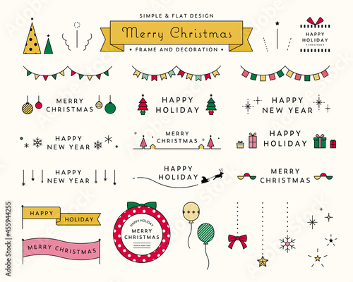 クリスマスのフレームと飾りのイラストセット　装飾　あしらい　クリスマスツリー　リース　シンプル