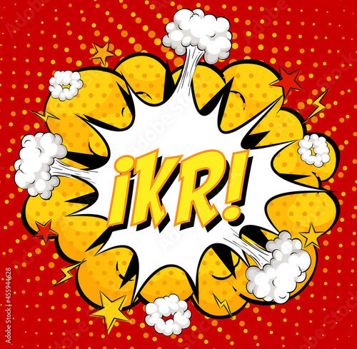 IKR text on comic cloud explosion on red background