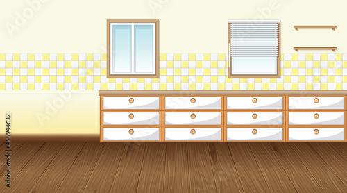 Empty kitchen room with counter cabinet and parquet floor
