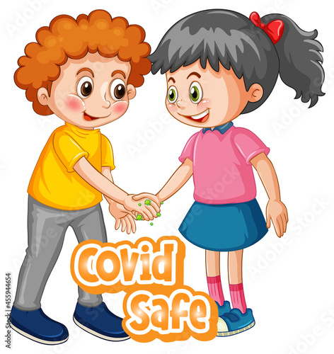 Two kids cartoon character do not keep social distance with Covid Safe font i...
