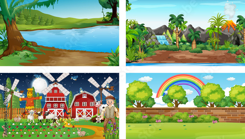 Four different scenes with various animals cartoon character