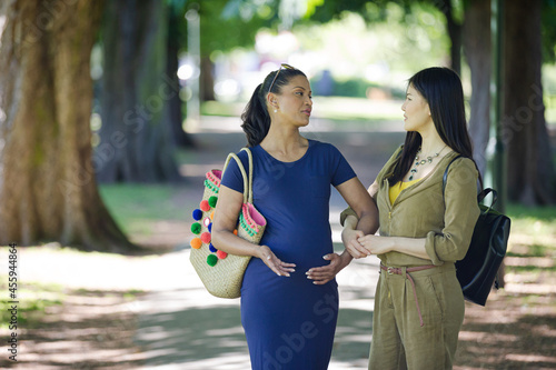 Woman greeting pregnant friend in park