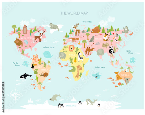 World map with cartoon animals for kids. Europe  Asia  South America  North America  Australia  Africa. Lion  crocodile  kangaroo. koala  whale  bear  elephant  shark  snake  toucan. 