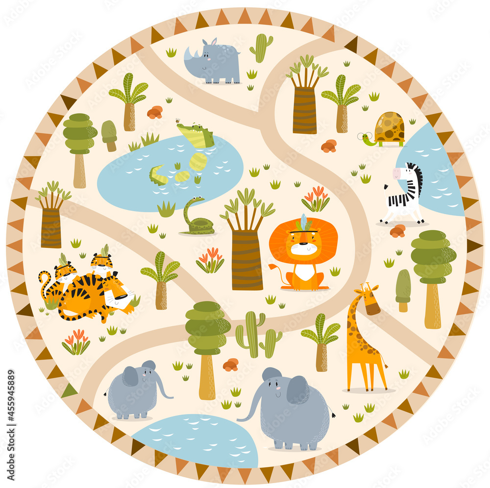 Fototapeta premium Vector tropical maze with animals in safari park. Cartoon tropical animals. African animals. Road in a safari park. Game for children. Children's play mat. 