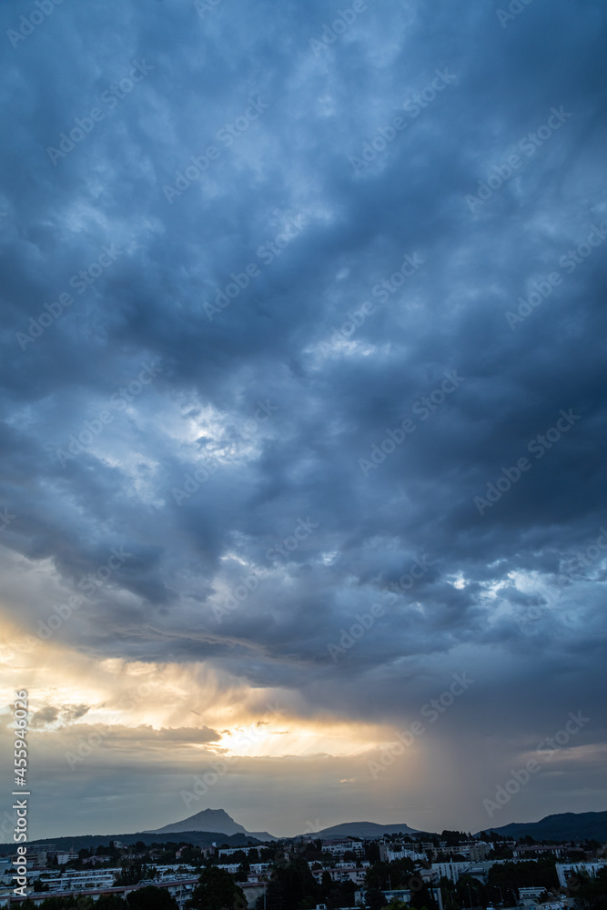 the Sainte Victoire mountain in the light of a stormy summer morning